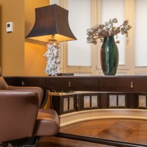 A luxury home office with elegant furnishings and sophisticated decor.