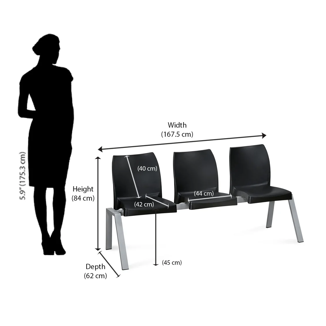 Nilkamal NS07 3 Seats without Arm Powder Coated (Grey / Black)