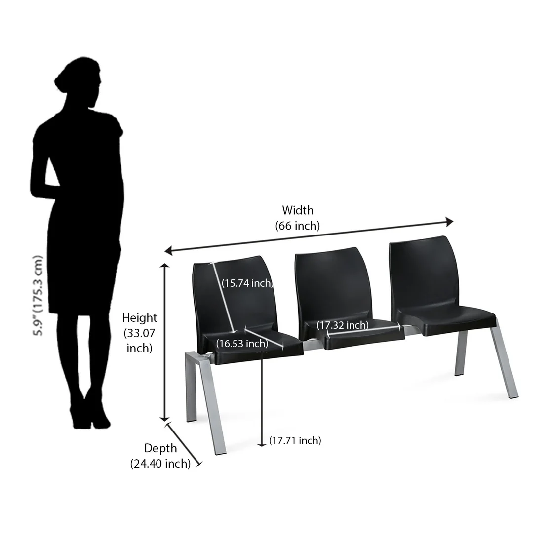 Nilkamal NS07 3 Seats without Arm Powder Coated (Grey / Black)