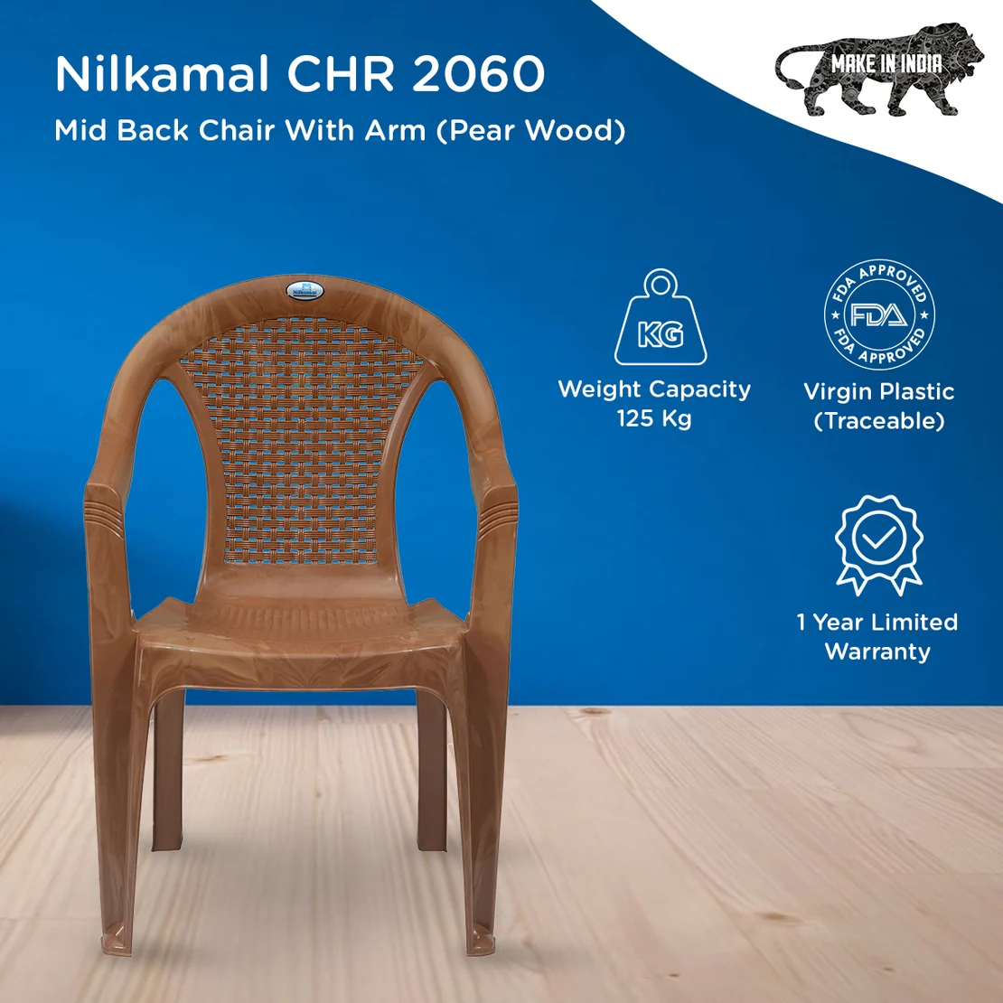 Nilkamal CHR2051 Plastic Arm Chair (Pear Wood)